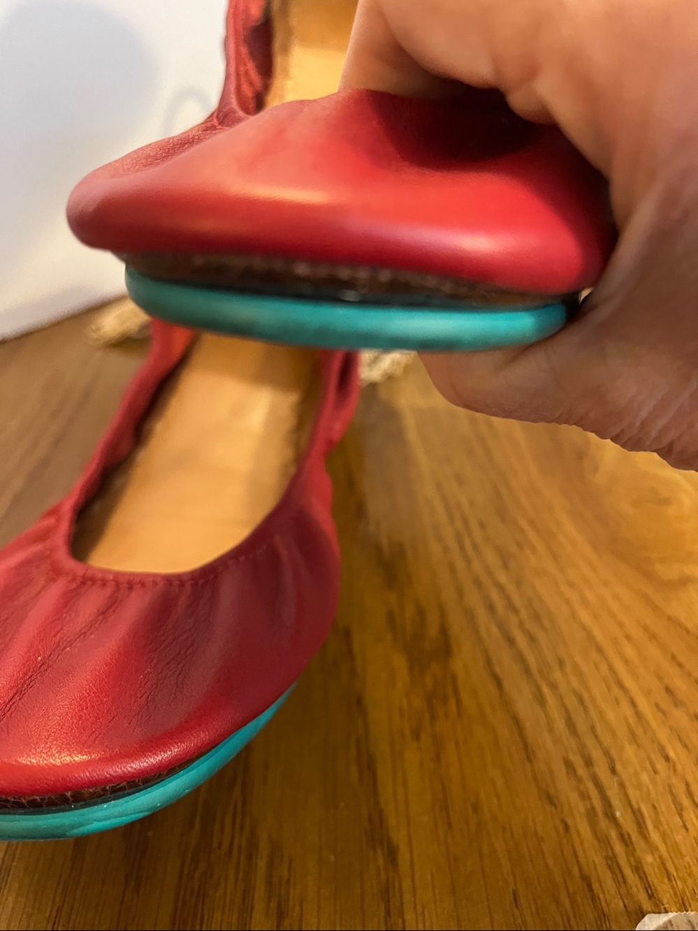 Tieks Red Leather Ballet Flats with Teal Accent Size 10 - Picture 3 of 8